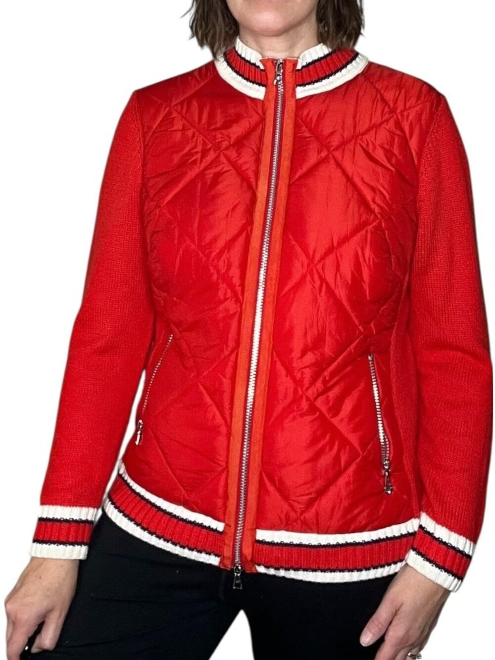 Walbusch Vintage Knit Quilted Puffer Jacket Red Cotton Cashmere Women's Large 42